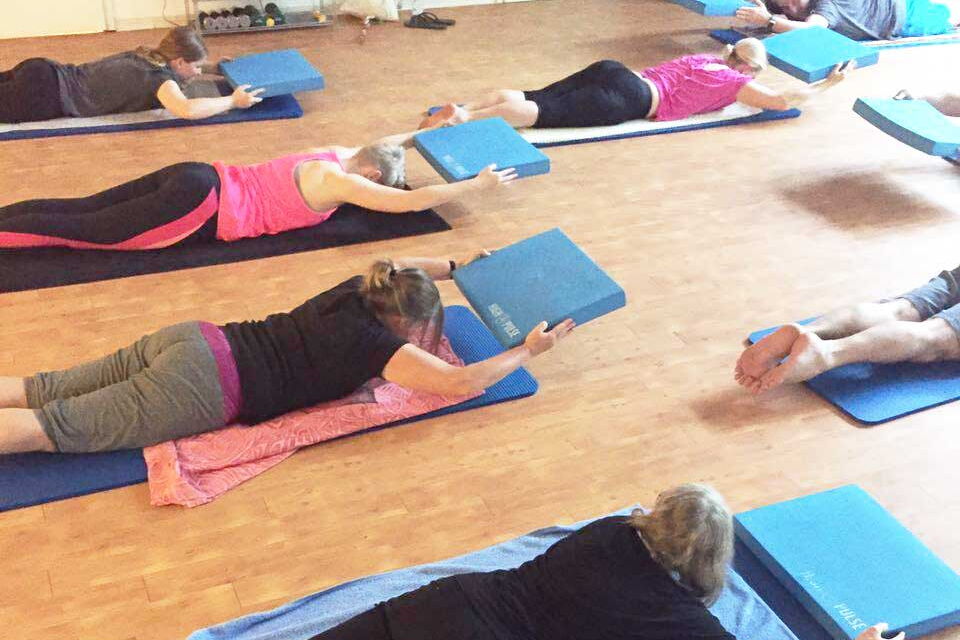 Aufnahme eines Trainingskurses welcher Rückenübungen auf Trainingsmatten vollzieht.