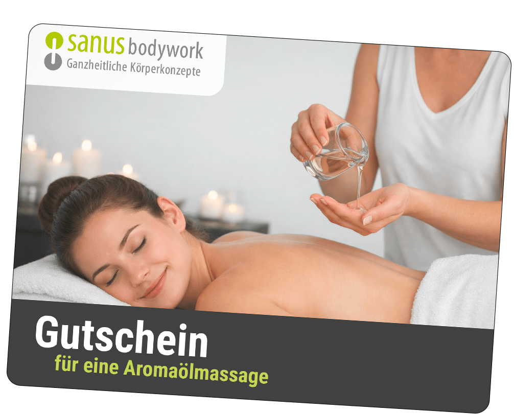 Gutscheinkarte Aromaölmassage, auf der eine Frau mit Handtuch eingehüllt liegt.